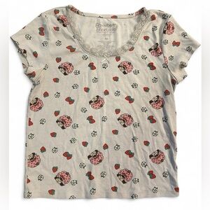 Women's Printed Strawberry Shortcake Blouse with Lace Trim - Cream